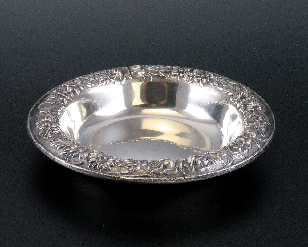 Pristine S. Kirk Sterling Silver Hand Chased Floral Repousse #409 Berry Bowl