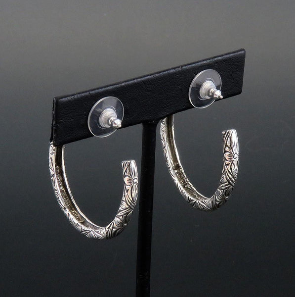 Stylish Stephen Dweck Sterling Silver Floral Flower Engraved 1.5" Hoop Earrings