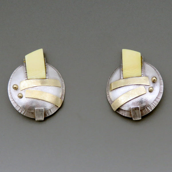 Striking Pair Signed Caroline Strieb Sterling Silver 14k Gold Dome Earrings