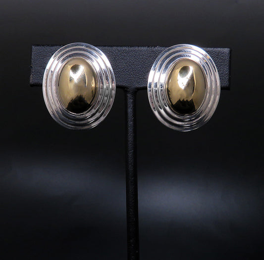 Pair Retro 14K Gold and Sterling Silver Dome Stud Earrings ~1inch