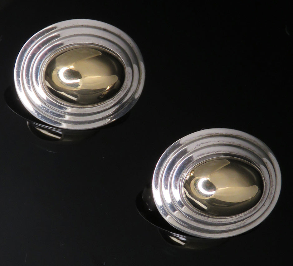 Pair Retro 14K Gold and Sterling Silver Dome Stud Earrings ~1inch