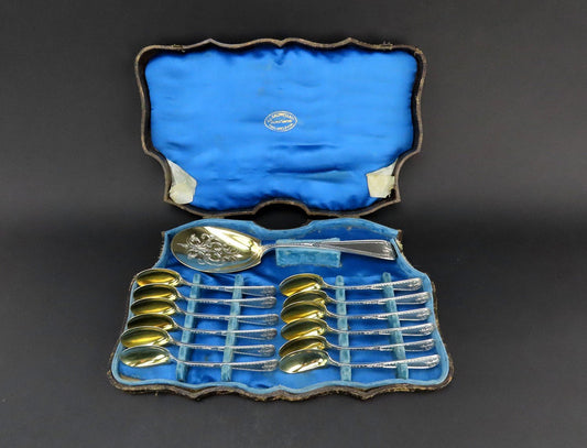 c1860s J.E. Caldwell Sterling Silver Bright Cut 13pc Dessert Set Spoons w Server