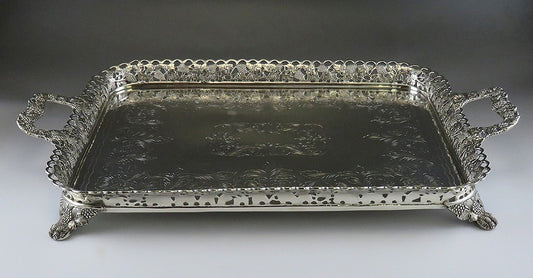 Vintage Hand Engraved Brazilian Silver Portuguese-Style Footed Gallery Tray