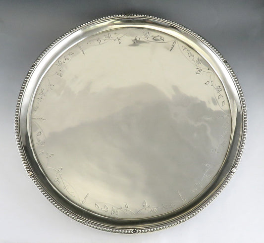 Fine Antique Portuguese or Italian Hand Engraved Silver Salver Footed Tray