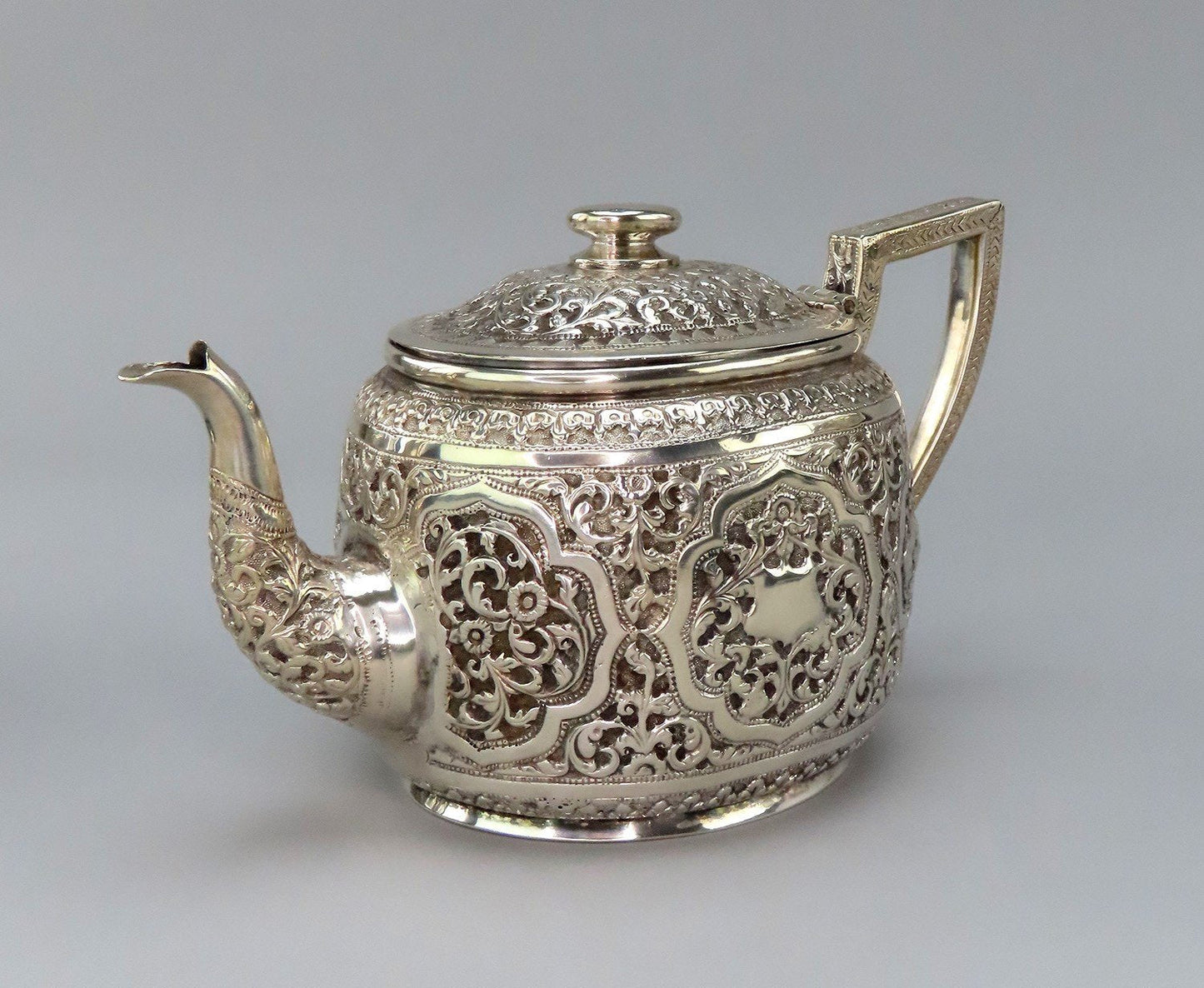 Ornate c1900 Southeast Asian Hand Chased Scrollwork Teapot No Mono 4 3/4" Tall