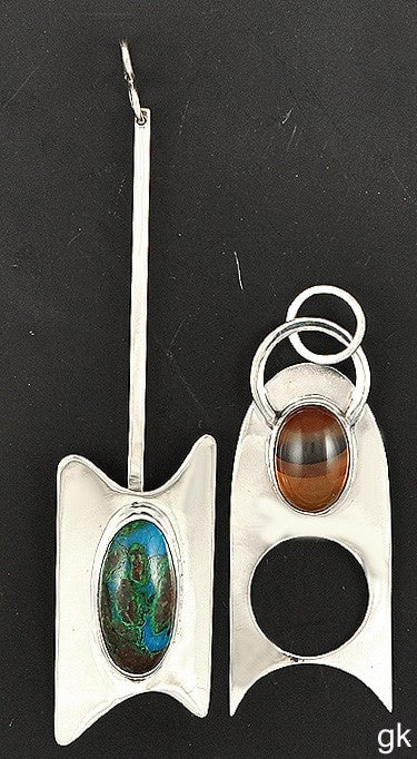 2 Handmade Modern Design Sterling Silver Pendants with Agates
