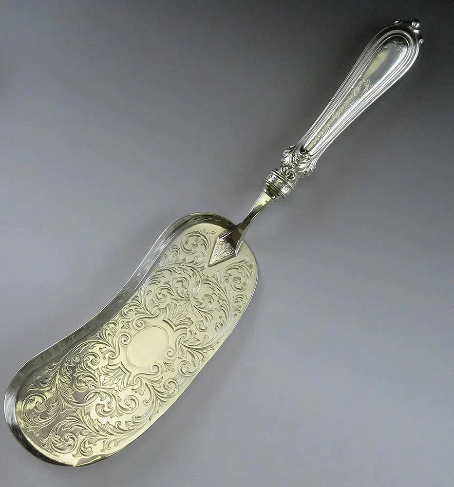 Antique Victorian 1868 English Sterling Silver Engraved Crumber Fish Server 14"