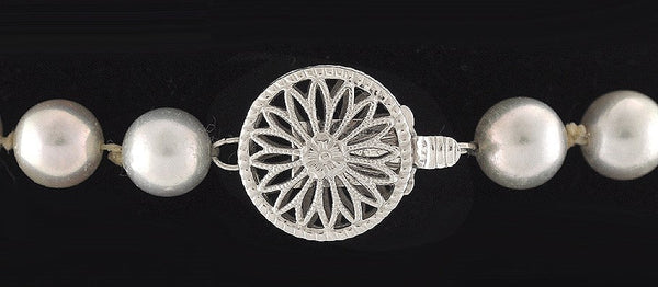Lovely 14k White Gold Grey Round Pearl Necklace Knotted 6.75mm 18 inches