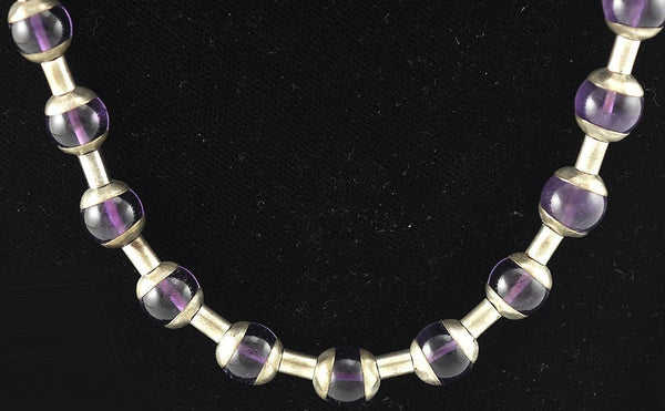 Great Silver Plated Genuine Amethyst Beaded Necklace Vintage Graduated