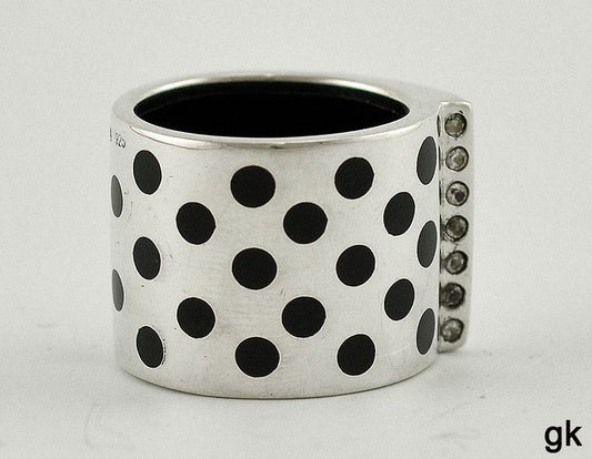 Great Sterling Silver and Black Enameled Dot Ring w/ Rhinestones Size 6.5