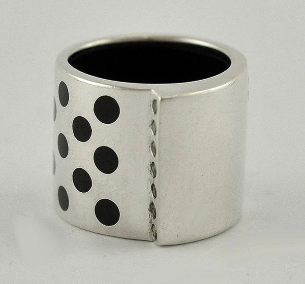 Great Sterling Silver and Black Enameled Dot Ring w/ Rhinestones Size 6.5