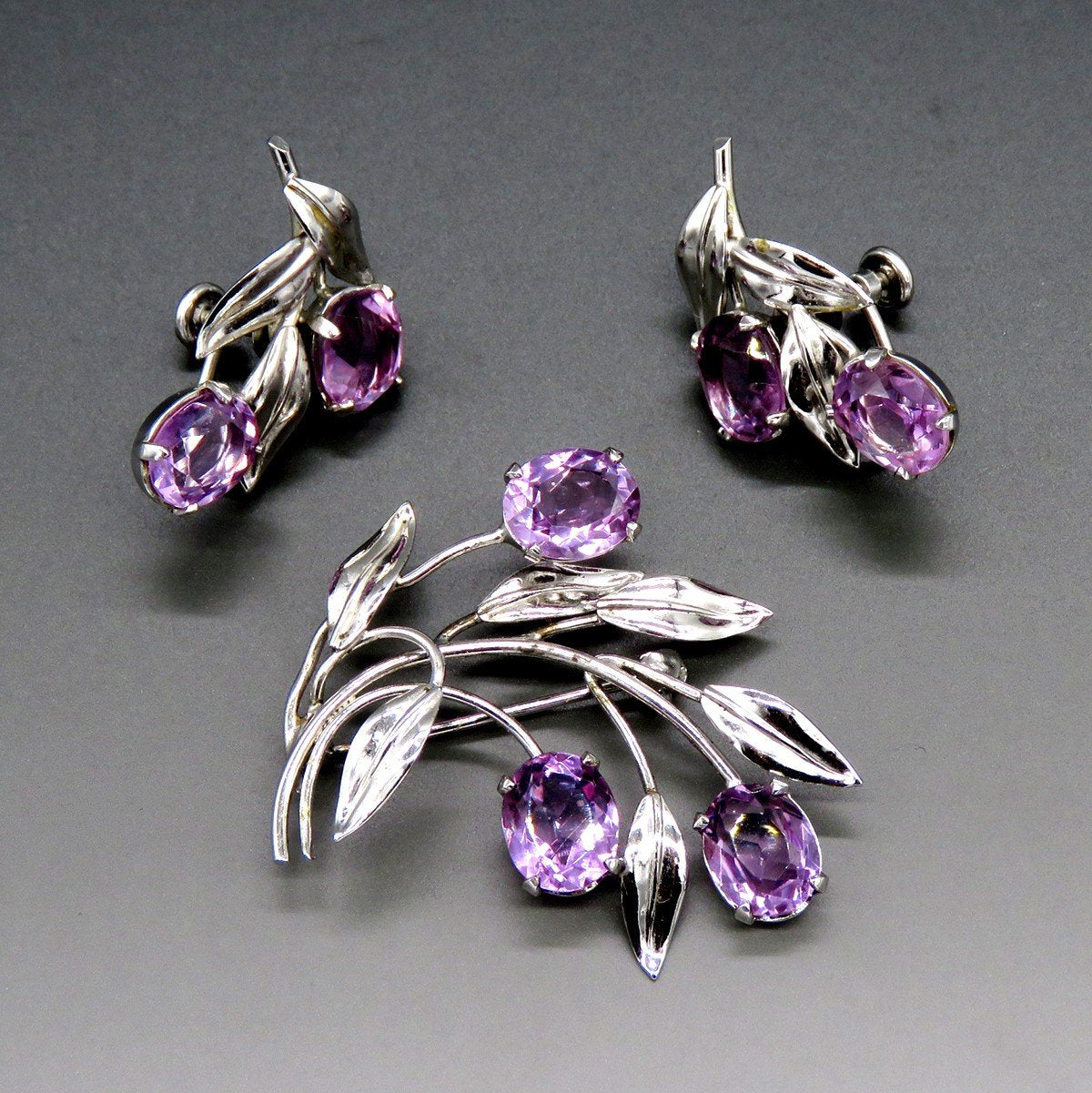 VTG Sterling Silver Purple Amethyst Flowers Leaf Branch Earrings Brooch Pin Set