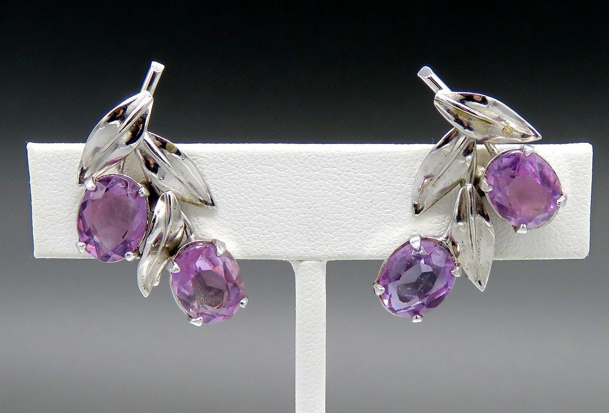 VTG Sterling Silver Purple Amethyst Flowers Leaf Branch Earrings Brooch Pin Set