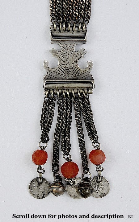 Interesting Silver Turkish Coin & Bell Charm Dangle Necklace