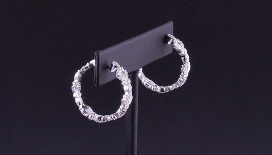 Great Pair of Sterling Silver and Diamond Decorated Hoop Pierced Earrings, China