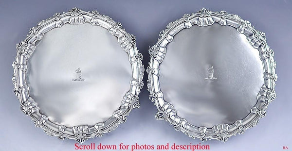 CLASSICAL PAIR 1730-32 IRISH STERLING ANTIQUE SALVERS/TRAYS