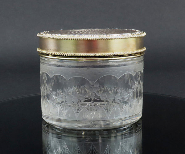 Fabulous c1927 English Sterling Silver Gilt Cut Glass Dresser Powder Jar