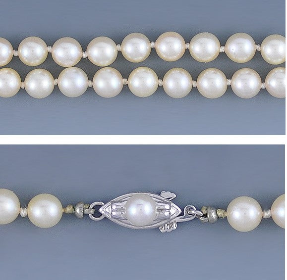 Graduated and Knotted Strand of Pearls Necklace w/14K White Gold Clasp