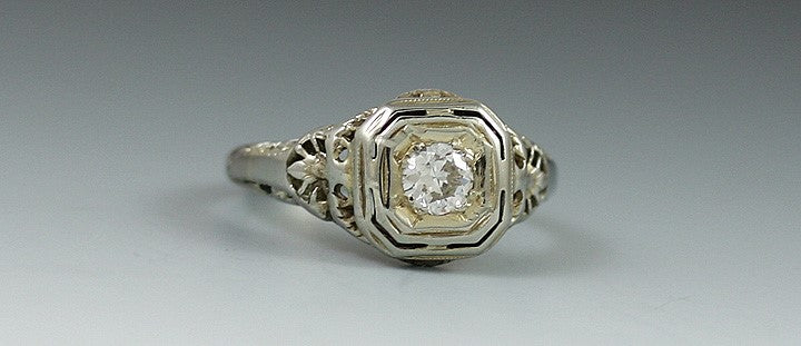 Elegant Vintage 18k White Gold Diamond Filigree Ring Edwardian Art Deco