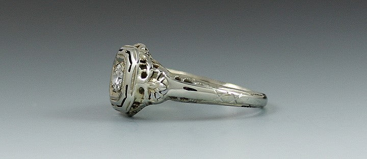 Elegant Vintage 18k White Gold Diamond Filigree Ring Edwardian Art Deco
