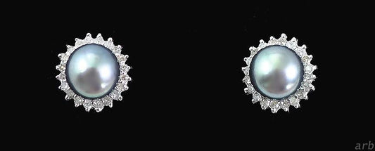 Awesome Pierced Earrings w/ 14k White Gold, 40 Tiny Diamonds, and Black Pearls