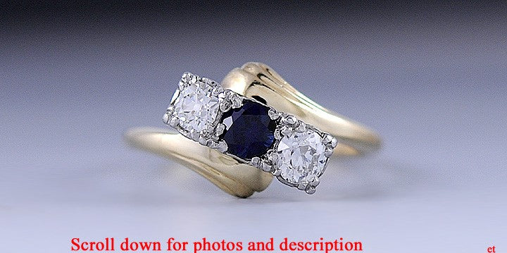 Stunning 14K Yellow Gold Sapphire & ~.50CT Diamond Bypass Three Stone Ring