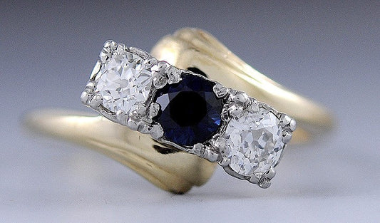 Stunning 14K Yellow Gold Sapphire & ~.50CT Diamond Bypass Three Stone Ring