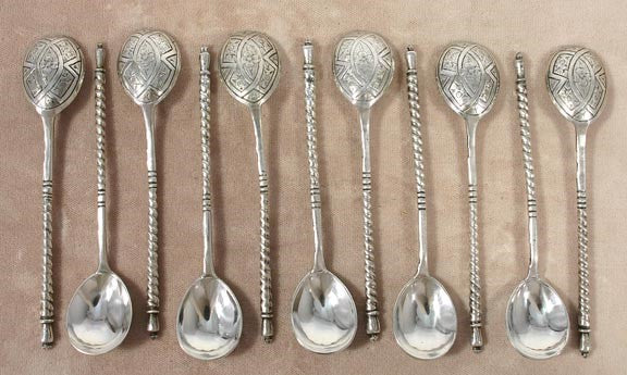 11 Antique 1875 Geometric Moscow Russian Silver Demitasse Spoons 4"