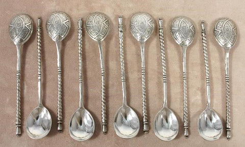 11 Antique 1875 Geometric Moscow Russian Silver Demitasse Spoons 4"