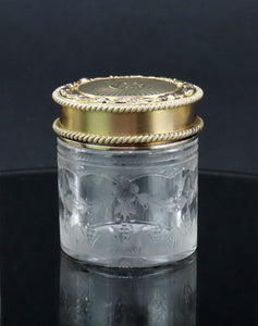 1927 English Sterling Silver Gilt Cut Frosted Glass Small Dresser Vanity Jar 1/3