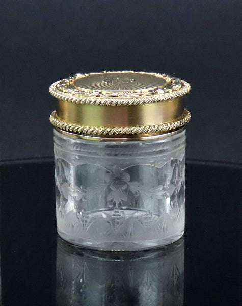 1927 English Sterling Silver Gilt Cut Frosted Glass Small Dresser Vanity Jar 1/3