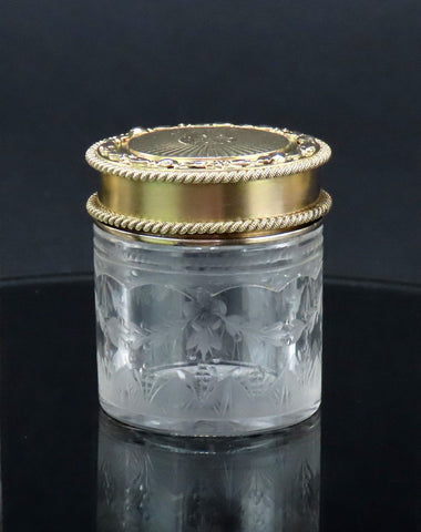 1927 English Sterling Silver Gilt Cut Frosted Glass Small Dresser Vanity Jar 1/3