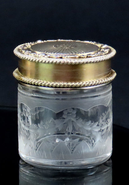 1927 English Sterling Silver Gilt Cut Frosted Glass Small Dresser Vanity Jar 1/3