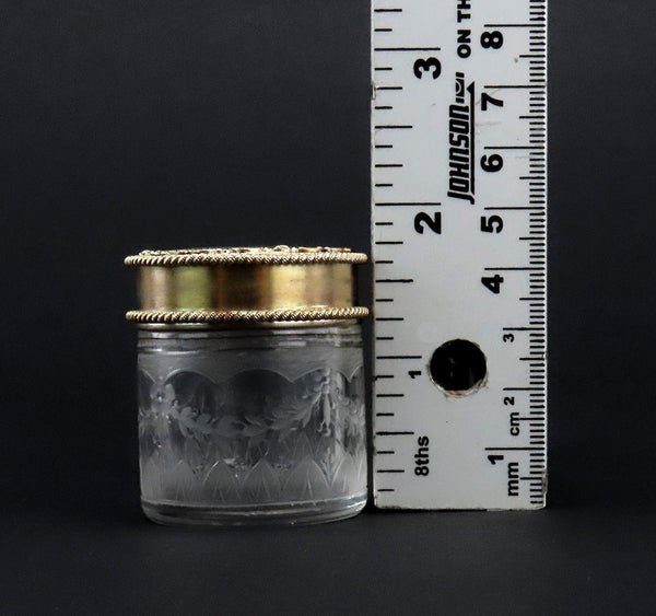 1927 English Sterling Silver Gilt Cut Frosted Glass Small Dresser Vanity Jar 1/3