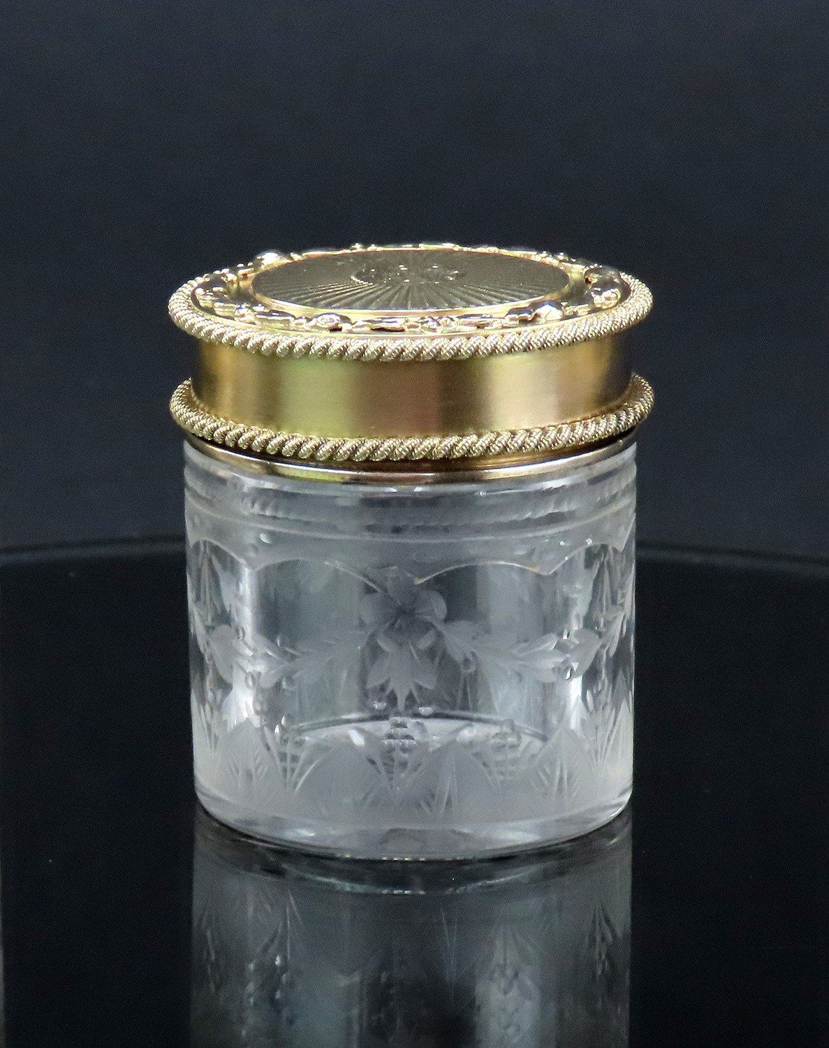 1927 English Sterling Silver Gilt Cut Frosted Glass Small Dresser Vanity Jar 2/3