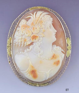 c1910s-1920s Beautiful 14k Gold Pretty Woman Cameo Pin Pendant Brooch