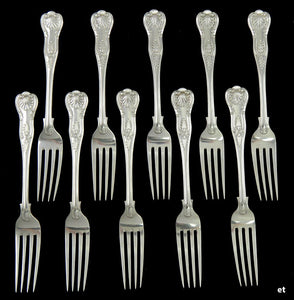 10 Antique 1893 English Sterling Silver Kings Pattern Large Forks