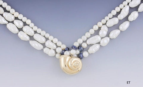 Lovely Pearl Sapphire & 14K Gold Multi Strand Seashell Necklace
