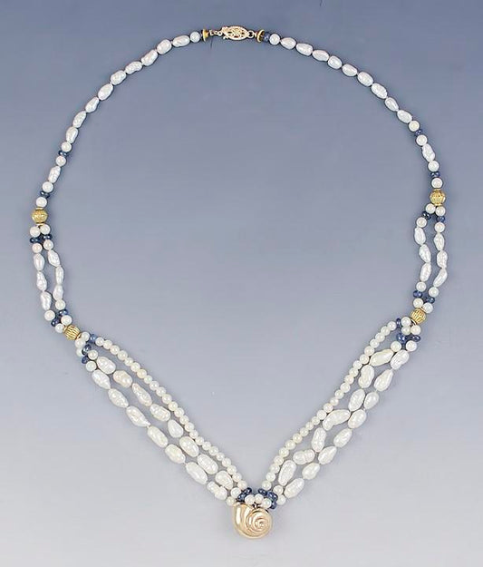 Lovely Pearl Sapphire & 14K Gold Multi Strand Seashell Necklace