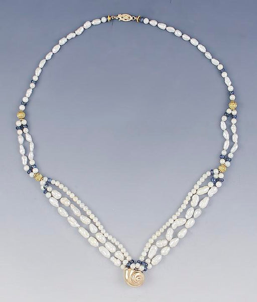 Lovely Pearl Sapphire & 14K Gold Multi Strand Seashell Necklace