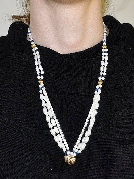 Lovely Pearl Sapphire & 14K Gold Multi Strand Seashell Necklace