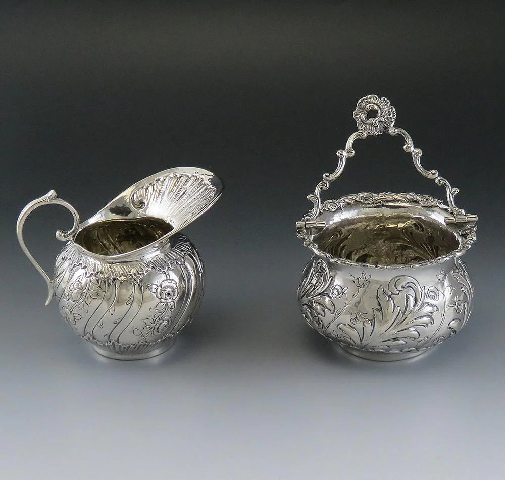 Antique c1890 Hanau German 800 Silver Hand Chased Tea Set Creamer and Sugar Bowl