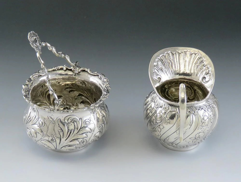 Antique c1890 Hanau German 800 Silver Hand Chased Tea Set Creamer and Sugar Bowl