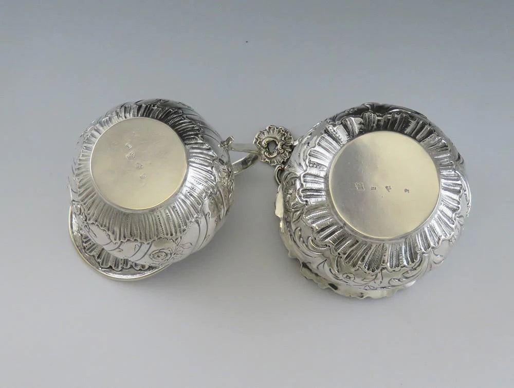 Antique c1890 Hanau German 800 Silver Hand Chased Tea Set Creamer and Sugar Bowl
