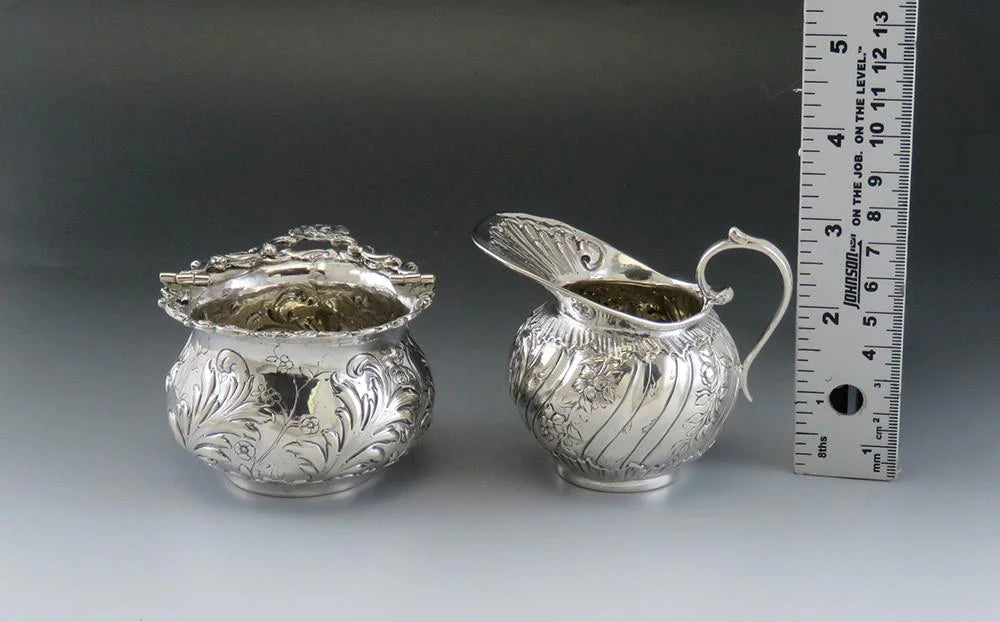 Antique c1890 Hanau German 800 Silver Hand Chased Tea Set Creamer and Sugar Bowl