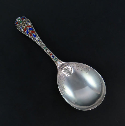 1890 Stunning Sterling Silver Sugar Spoon Enamel Handle No Mono 5 1/2 Inches