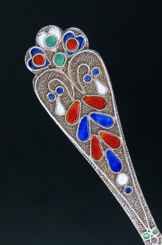 1890 Stunning Sterling Silver Sugar Spoon Enamel Handle No Mono 5 1/2 Inches