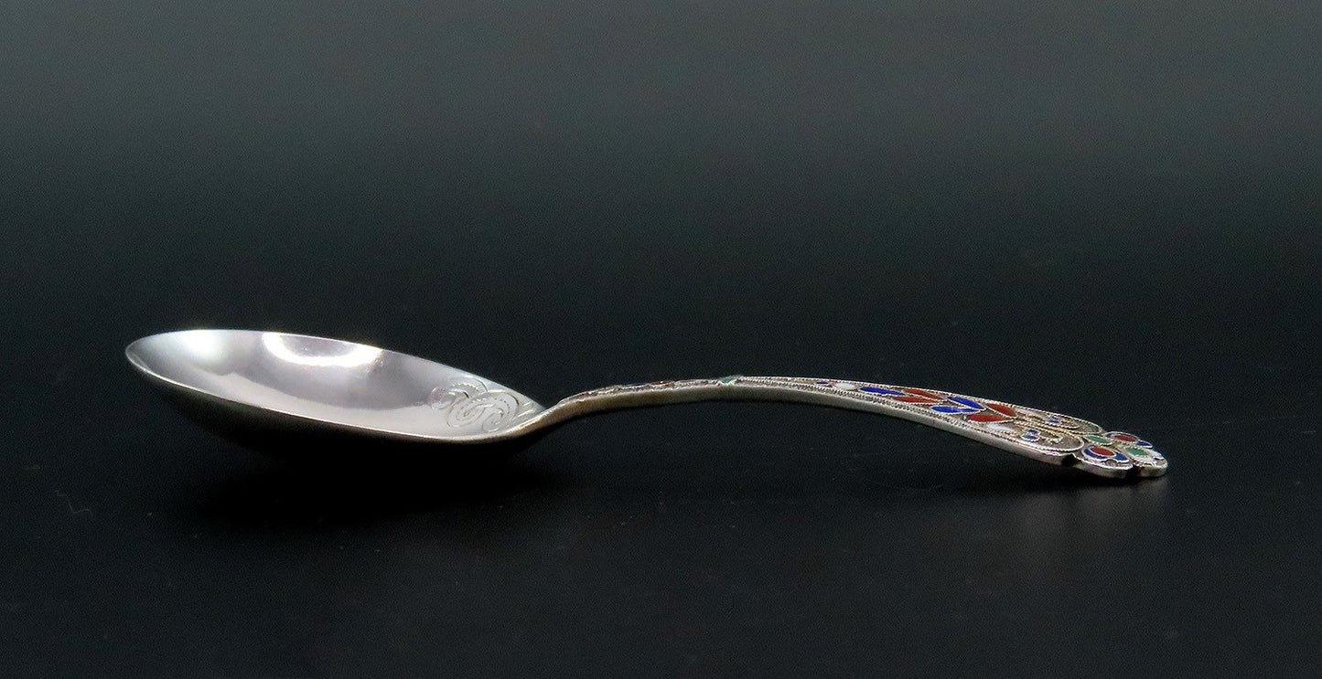 1890 Stunning Sterling Silver Sugar Spoon Enamel Handle No Mono 5 1/2 Inches