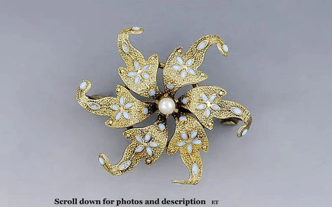 C1890 Victorian Blue Enameled 14k Gold Pearl Swirl Flower Brooch/Pin