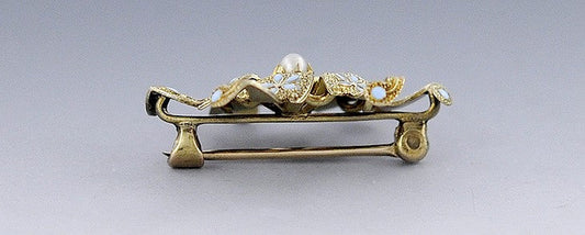 C1890 Victorian Blue Enameled 14k Gold Pearl Swirl Flower Brooch/Pin
